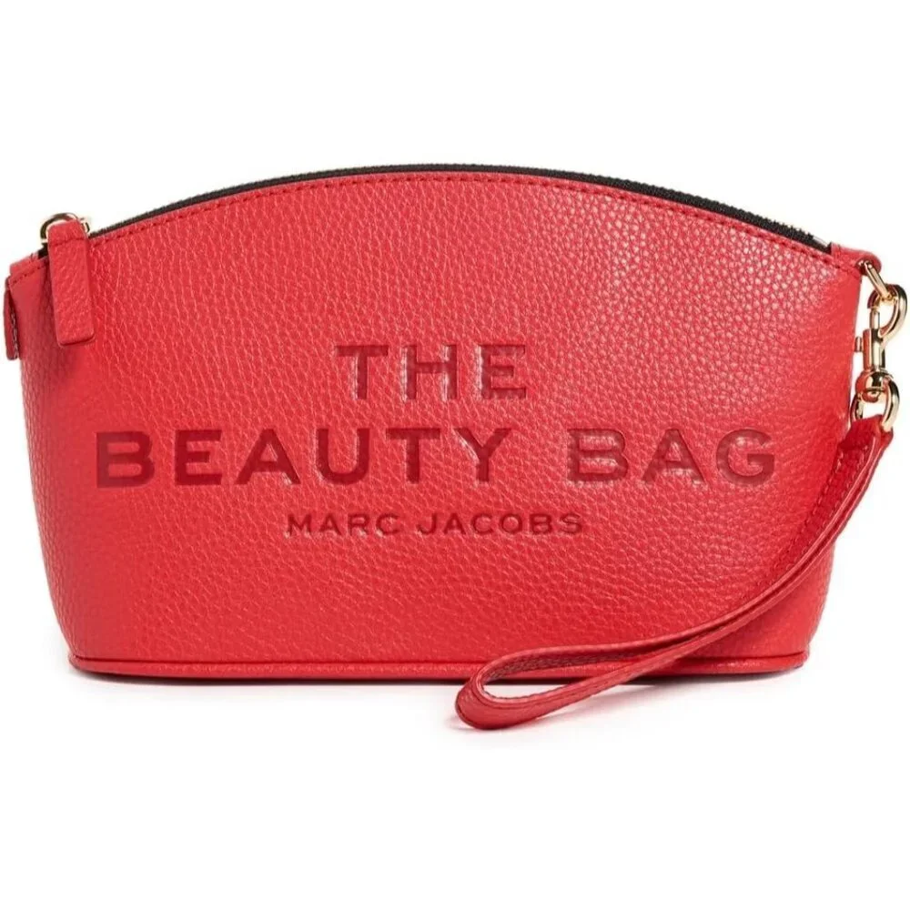 Leather Beauty Bag Womens Red Cow Split Leather Zipper Closure 12x9x2